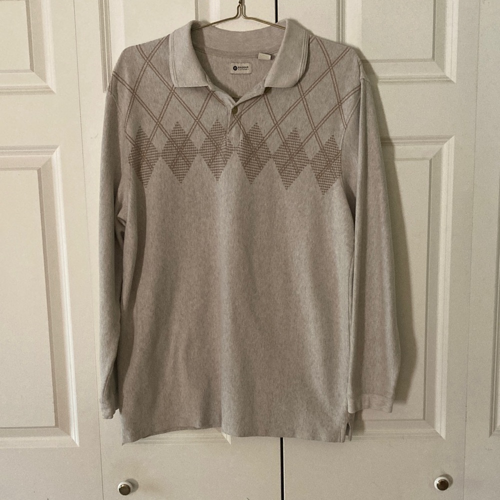 Haggar mens long sleeve polo argyle sweater tan XL collared 3/4 button pullover